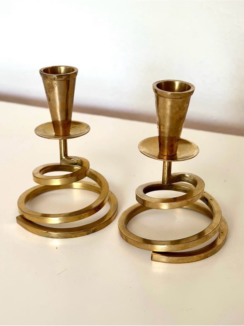Vintage MCM Brass Spiral Spring Abstract Design Candle Holders Pair